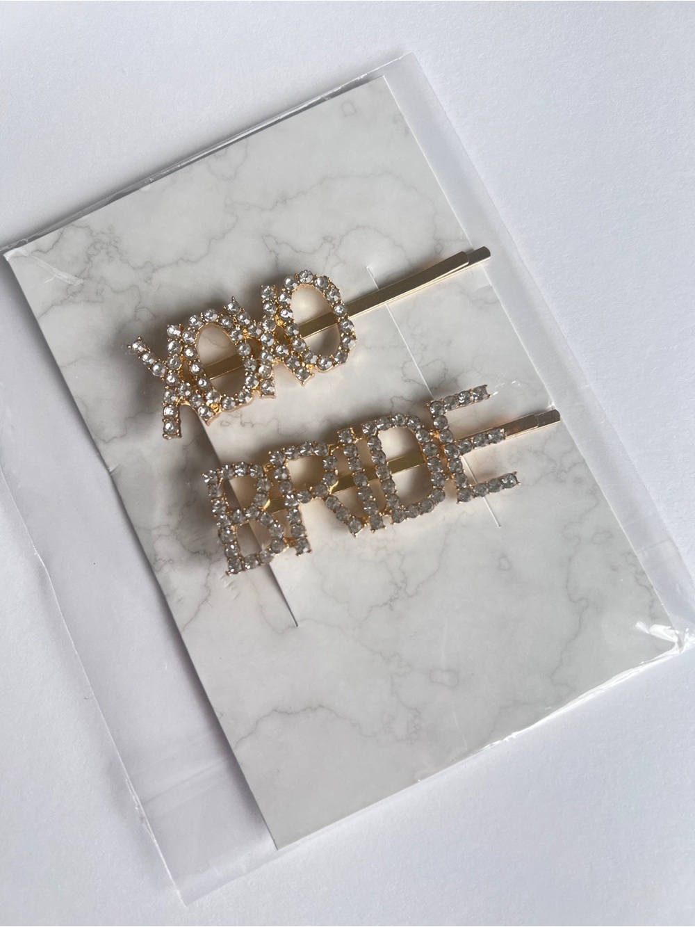 Gold Crystal "XOXO" and "Bride" Hair Pins